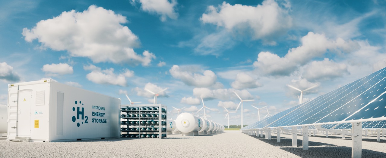 Modern hydrogen energy storage system accompaind by large solar power plant and wind turbine park in sunny summer afteroon light with blue sky and scattered clouds. 3d rendering. energie eoliana
